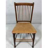 Small stained pine slat-backed childs chair with fine stretchers and turned front legs