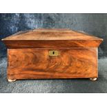 19TH CENTURY MAHOGANY RECTANGULAR SARCOPHAGUS SHAPED TEA CADDY, with three internal lidded