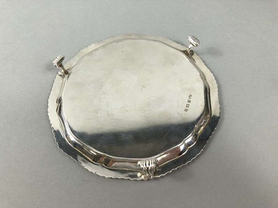 Small Silver Salver Measuring 5.5mm in diameter, Pie crust edge on 3 small scroll feet. Birmingham - Image 4 of 5