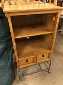 Pine shelving unit with two drawers on metal feet