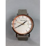 Large faced Watch with distinctive orange inner frame , date and leather strap by POLICE