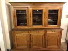 Large Antique pine dresser with glazed shelving above and cupboards below (comes with six keys in