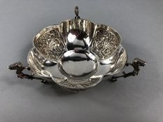 Hallmarked Silver Bon Bon dish with alternate patterned decoration on three Rams head feet