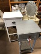 Bedside tables x 2 and modern storage unit with rattan baskets and an ornate mirror