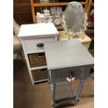 Bedside tables x 2 and modern storage unit with rattan baskets and an ornate mirror