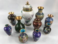 Collection of ten Cloisonne vases and urns