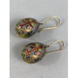 18ct Gold Pair of Yellow metal Cloisonné Enamel Earrings in the style of Faberge Easter Eggs.