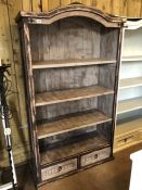 Large Wooden shelving unit with domed top and drawers under, shabby chic style. Dimensions approx