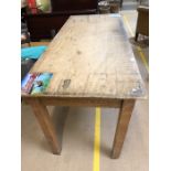 Distressed Pine Table on square legs with single offset drawer under approx 184 x 77 x 86cm tall