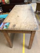 Distressed Pine Table on square legs with single offset drawer under approx 184 x 77 x 86cm tall