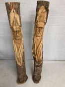 Two Unique carved logs with faces of Indians approx 155cm tall