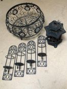 Metalware to include heavy cast iron outdoor lantern, four wall sconces and a circular low metal