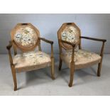 Pair of low upholstered bedroom carver chairs with floral motif (A/F)