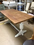 Farmhouse dining table with painted base with stretcher and stained wooden top