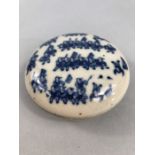 Chinese Lidded flat circular pot coverred with traditional blue painted soldiers with six figure