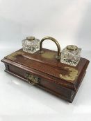Victorian brass and oak desk stand with drawer