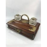 Victorian brass and oak desk stand with drawer