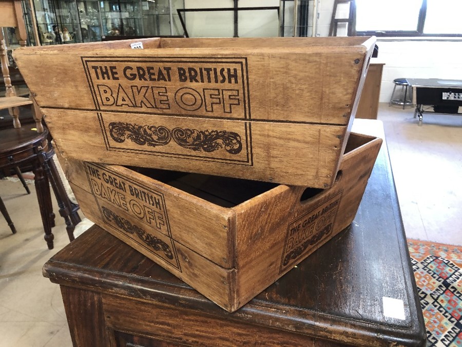 pair of wooden boxes stamped "Great British Bake Off"