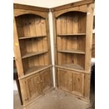 Pair of Pine corner units with shelves and Cupboards under