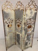 Wrought iron folding screen of three panels of lattice work and flower design (each panel is