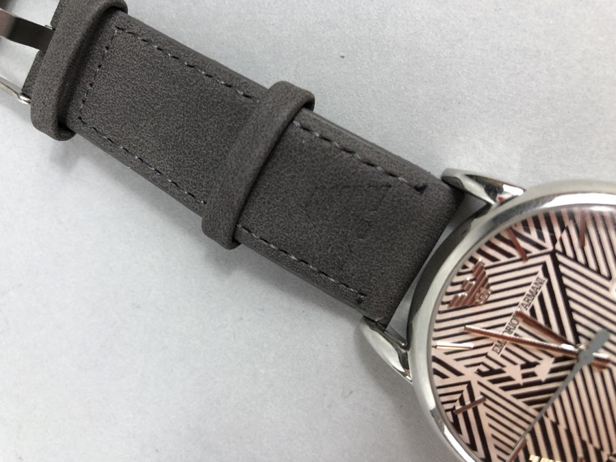 Contemporary watch by Emporio Armani with date and grey suede strap - Image 4 of 5