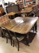 Victorian mahogany extending dining table with two extra leaves and four chairs