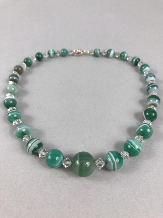 Victorian (recently restrung) 16” Green banded agate with crystal spacers. Graduated from 8.7mm x