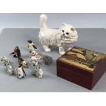 A collection of mostly Russian miniature pottery animals in Russian hand painted box with a