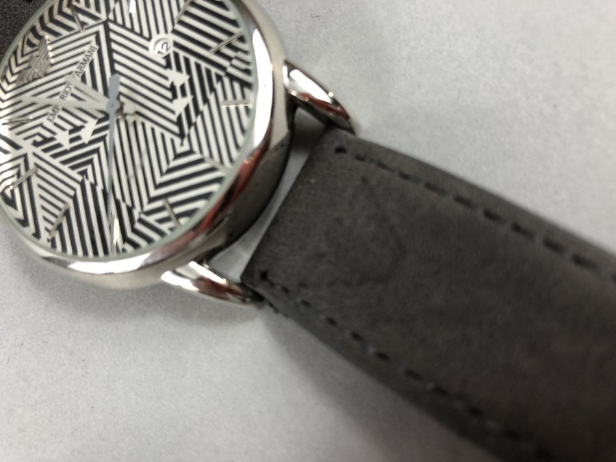 Contemporary watch by Emporio Armani with date and grey suede strap - Image 3 of 5