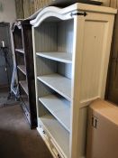 Large Wooden shelving unit with domed top and drawers under painted white. Dimensions approx 106cm x