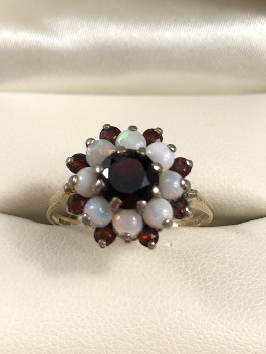 9ct gold opal and garnet halo ring