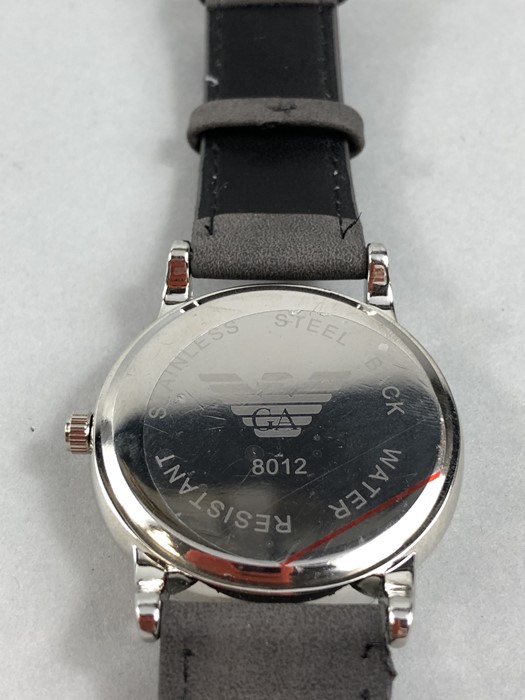 Contemporary watch by Emporio Armani with date and grey suede strap - Image 5 of 5