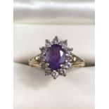 9ct Gold Amethyst/ CZ set cluster ring size 'N'