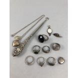 Collection of silver items and jewellery to include button hook, rings, pendants etc