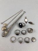 Collection of silver items and jewellery to include button hook, rings, pendants etc