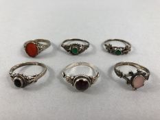 Six stylised Silver rings various styles (Art Deco etc) set with various stones