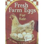 Original Tin sign with wear advertising Fresh Farm Eggs for sale . Approx 30cm x 20cm