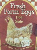 Original Tin sign with wear advertising Fresh Farm Eggs for sale . Approx 30cm x 20cm