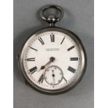 Silver Pocket Watch with White dial and Roman Numerals plus Subsidiary Dial. Face is marked for L.B.