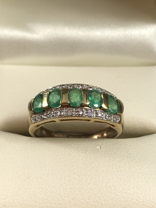 9ct gold emerald and diamond ring, approx size L.5