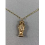 9ct Gold fine link chain approx 56cm long with gold coloured pendant of an Owl