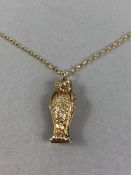 9ct Gold fine link chain approx 56cm long with gold coloured pendant of an Owl