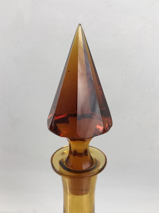 Art Deco Amber Glass Bottle with Pyramid shaped stopper and stepped Base approx 36cm tall - Image 2 of 6