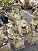 Stonework figure of a girl carrying wheat on plinth approx 112cm tall