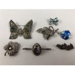 Collection of Seven Silver and Silver coloured brooches Marcasite, enamel, dogs etc.