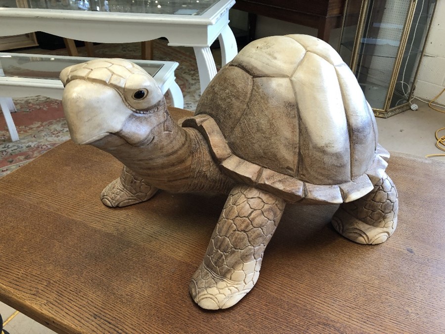 Large carved wooden decorative tortoise, suitable for outdoor use, approx 60cm x 40cm x 34cm tall