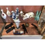 Collection of ceramics to include Lladro dog and Lladro puppy, Coalport, glassware and a train