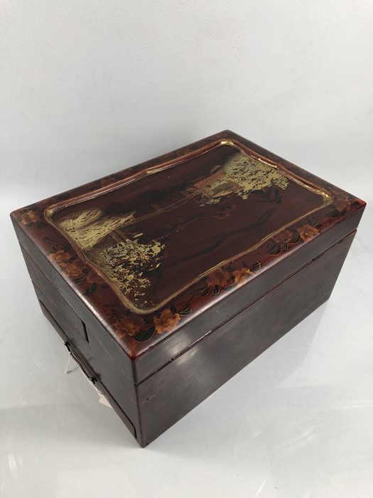 Japanese red lacquer writing box with drawer - Image 7 of 9