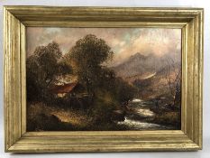 G CLAUD, SIGNED, OIL ON CANVAS, River scene with Mill & fisherman 44 x 29cm