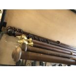 Three pairs of curtain poles - 1 pair dark brown wooden poles with ball finials, each approx 160cm x